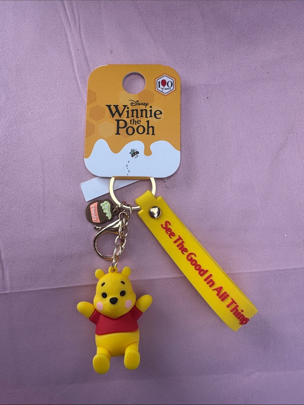 Disney Winnie the Pooh Yellow and Red Keychain with Inspirational Tag